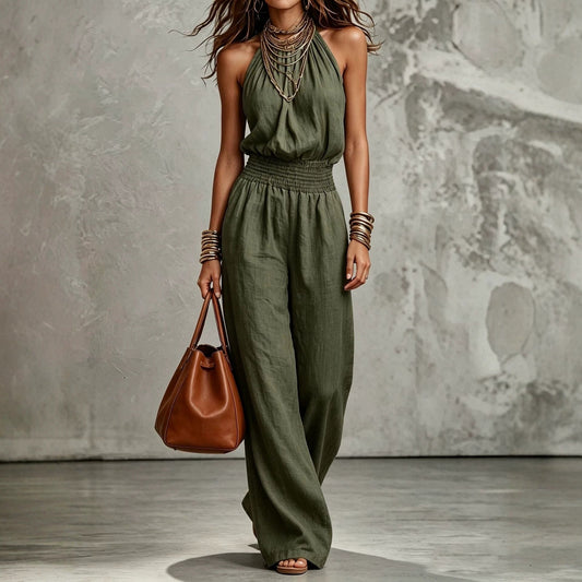 Women's Sleeveless Backless Lace-Up Halter Wide-Leg Jumpsuit