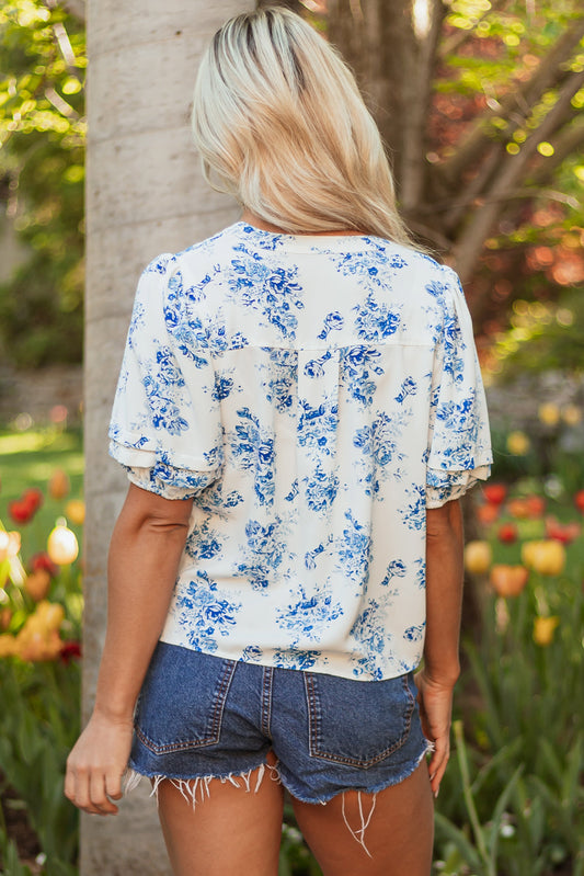 Floral Tiered Puff Sleeve Pleated Bust Buttoned Shirt