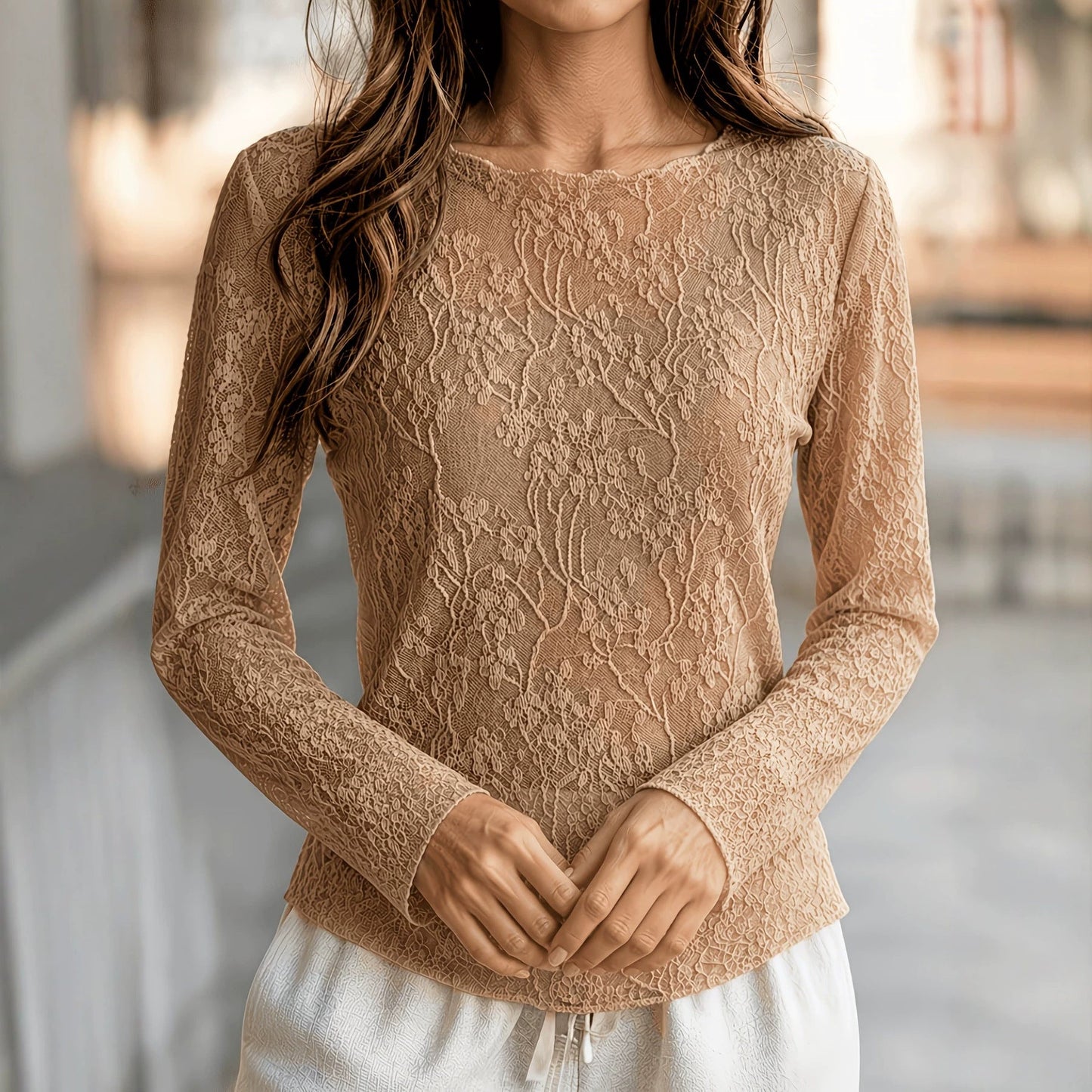 Women's Lace Trim Round Neck Long-Sleeve Top – Elegant Slim Fit