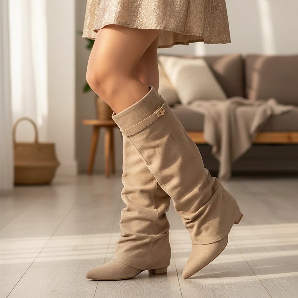 Women's Slouchy Pleated Mid-Calf Boots – Pointed Toe Chunky Heel Faux Suede