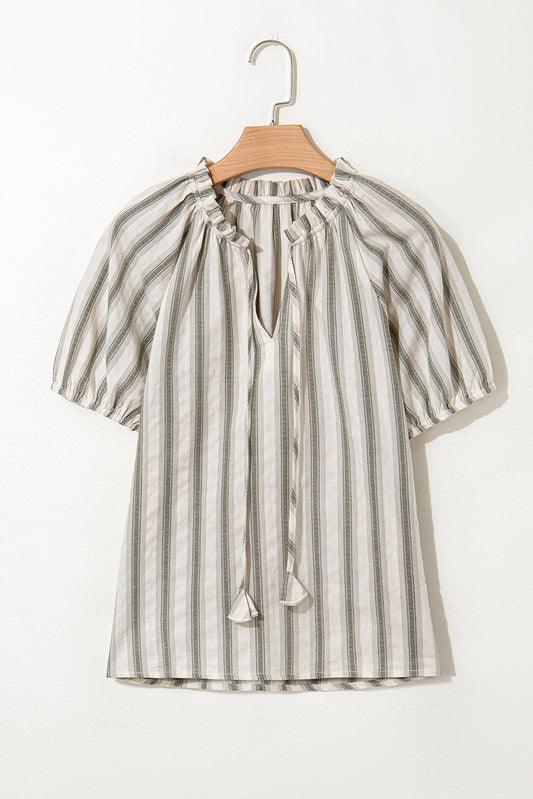 Stripe Frilled Tie-Neck Short Sleeve Blouse