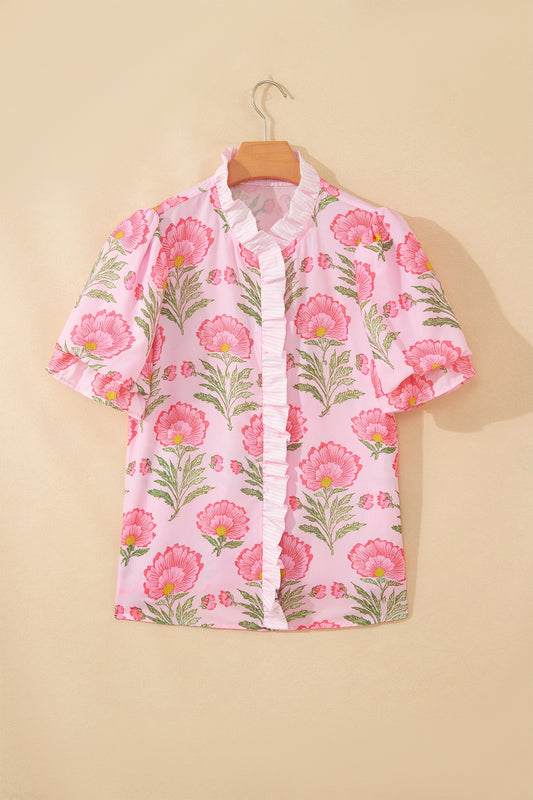 Floral Ruffle Stripe Trim Puff Sleeve Shirt