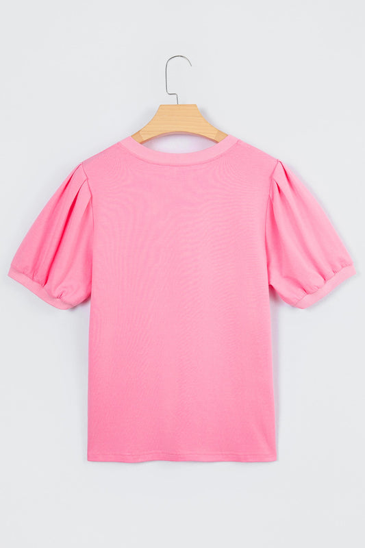 Solid V-Neck Short Puff Sleeve Blouse