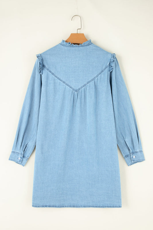 Denim Ruffle V-Neck Buttoned Mini Dress