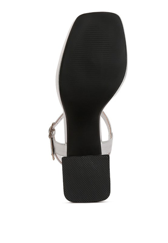 Lofty Metallic Faux Leather Block Heel Sandals