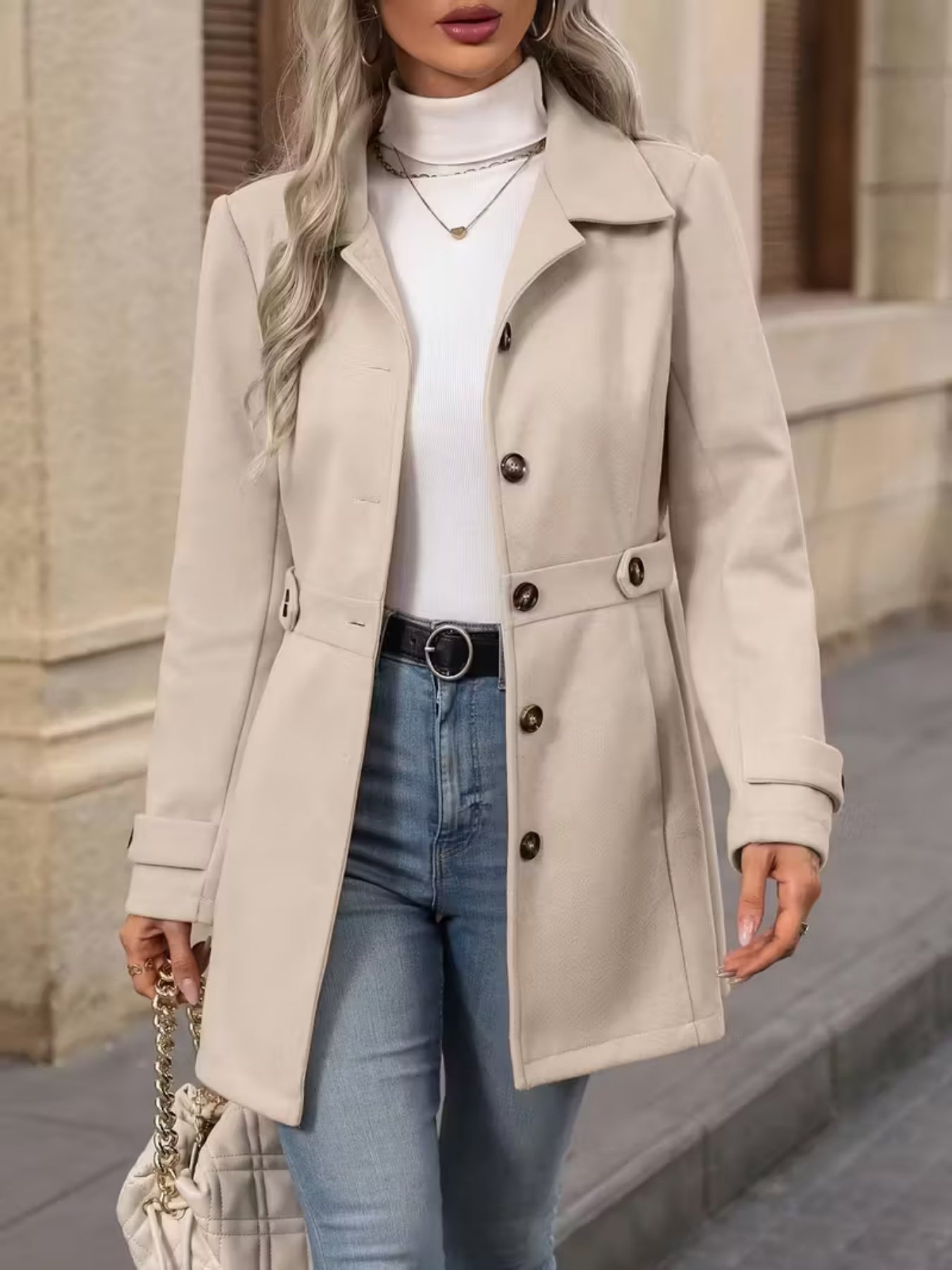 Women’s Elegant Woolen Coat – Medium-Length Lapel Slim Fit Winter Coat