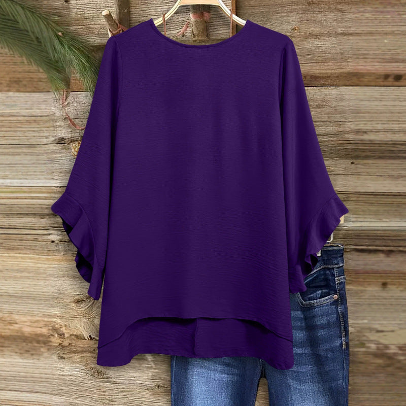 Women's Solid Color Loose Round-Neck Top – Ruffled Three-Quarter Sleeves