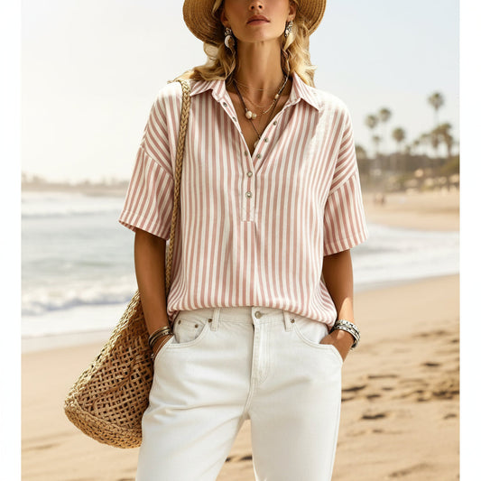 Women's Striped Short-Sleeve Shirt with Turn-Down Collar