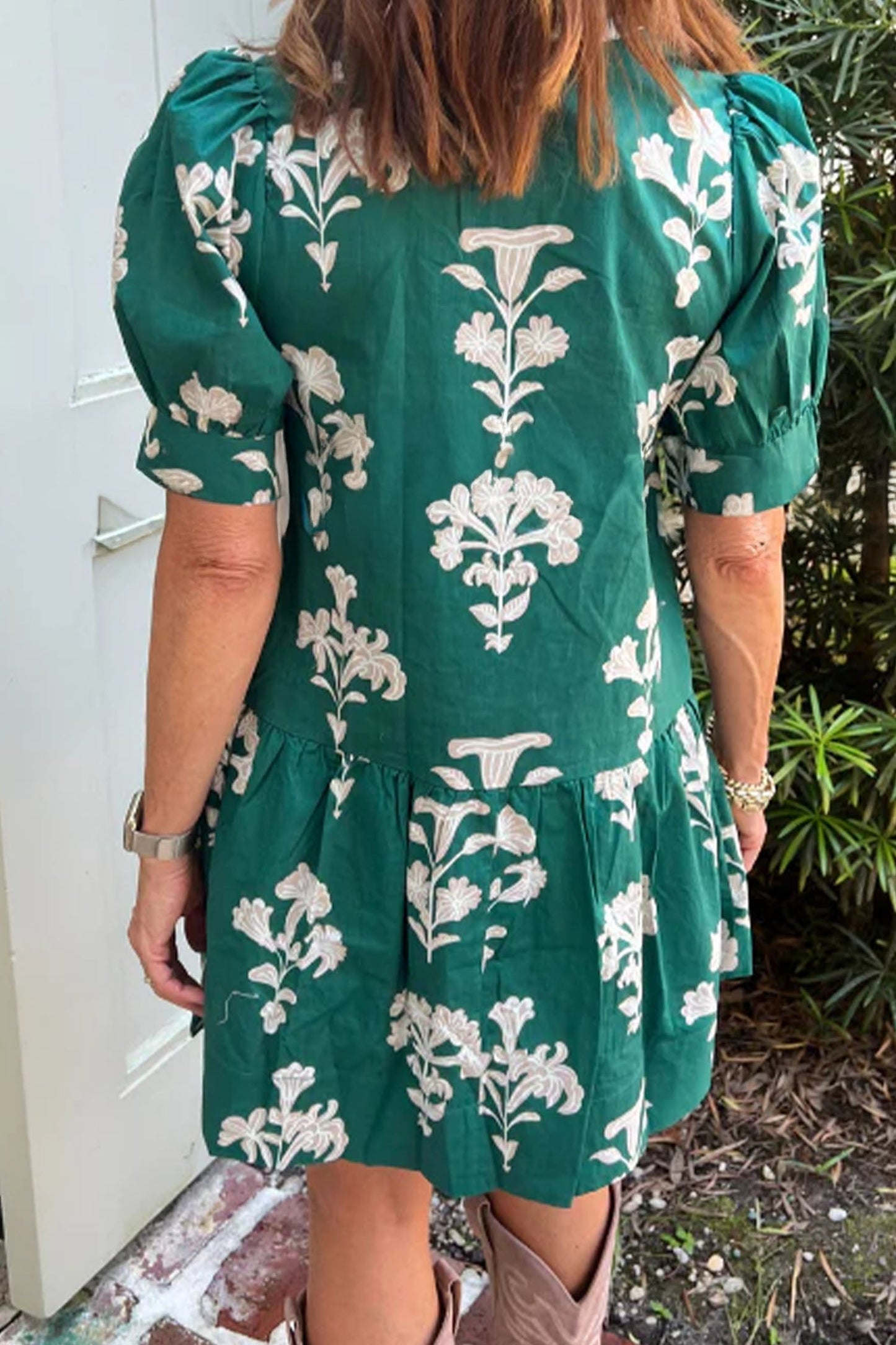 Floral Frilled V-Neck Puff Sleeve Mini Dress