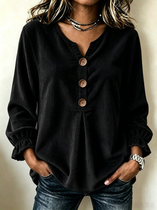 Women's Corduroy Long-Sleeve Blouse – Patchwork Minimalist Top