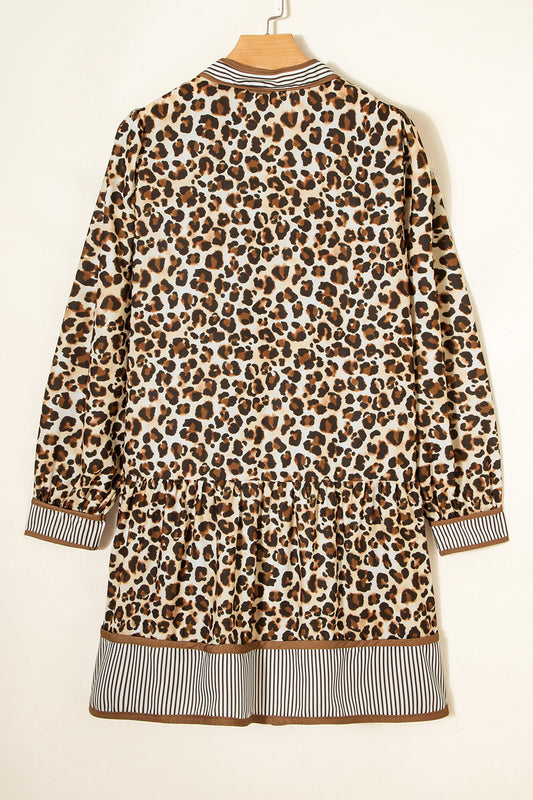 Leopard Stripe Trim V-Neck Mini Dress