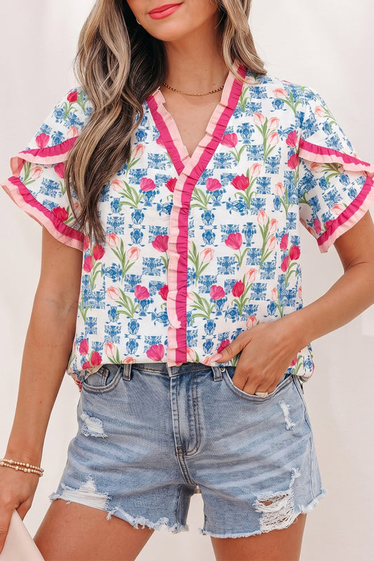 Floral Ruffle V-Neck Short Sleeve Tunic Shirt