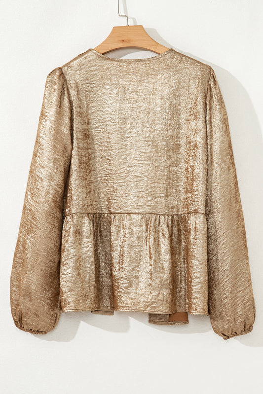 Metallic Tied Front Long Sleeve Babydoll Blouse