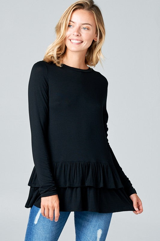 RUFFLE BOTTOM LONG SLEEVE ROUND NECK TUNIC TOP