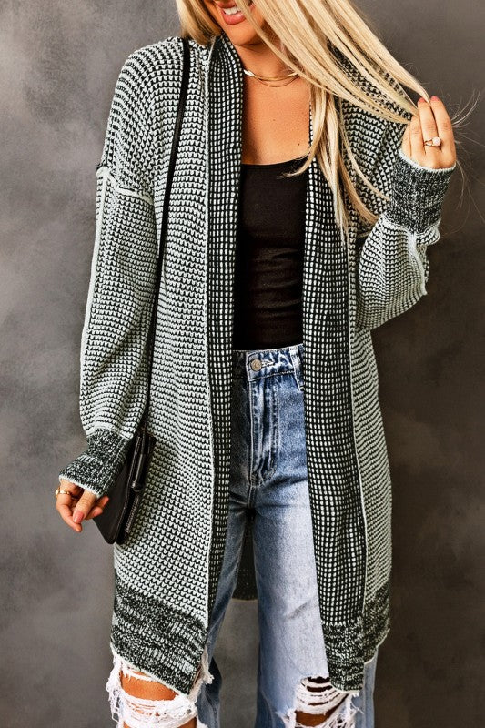 GRAY PLAID KNITTED LONG OPEN FRONT CARDIGAN | MODERN EMPORIUM – trending fashion from Modern Emporium
