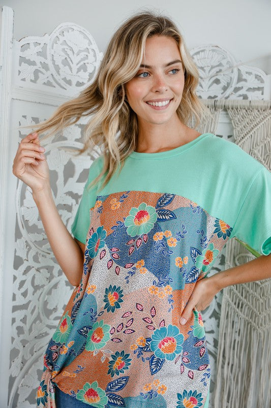 SOLID FLORAL MIXED BOXY TOP