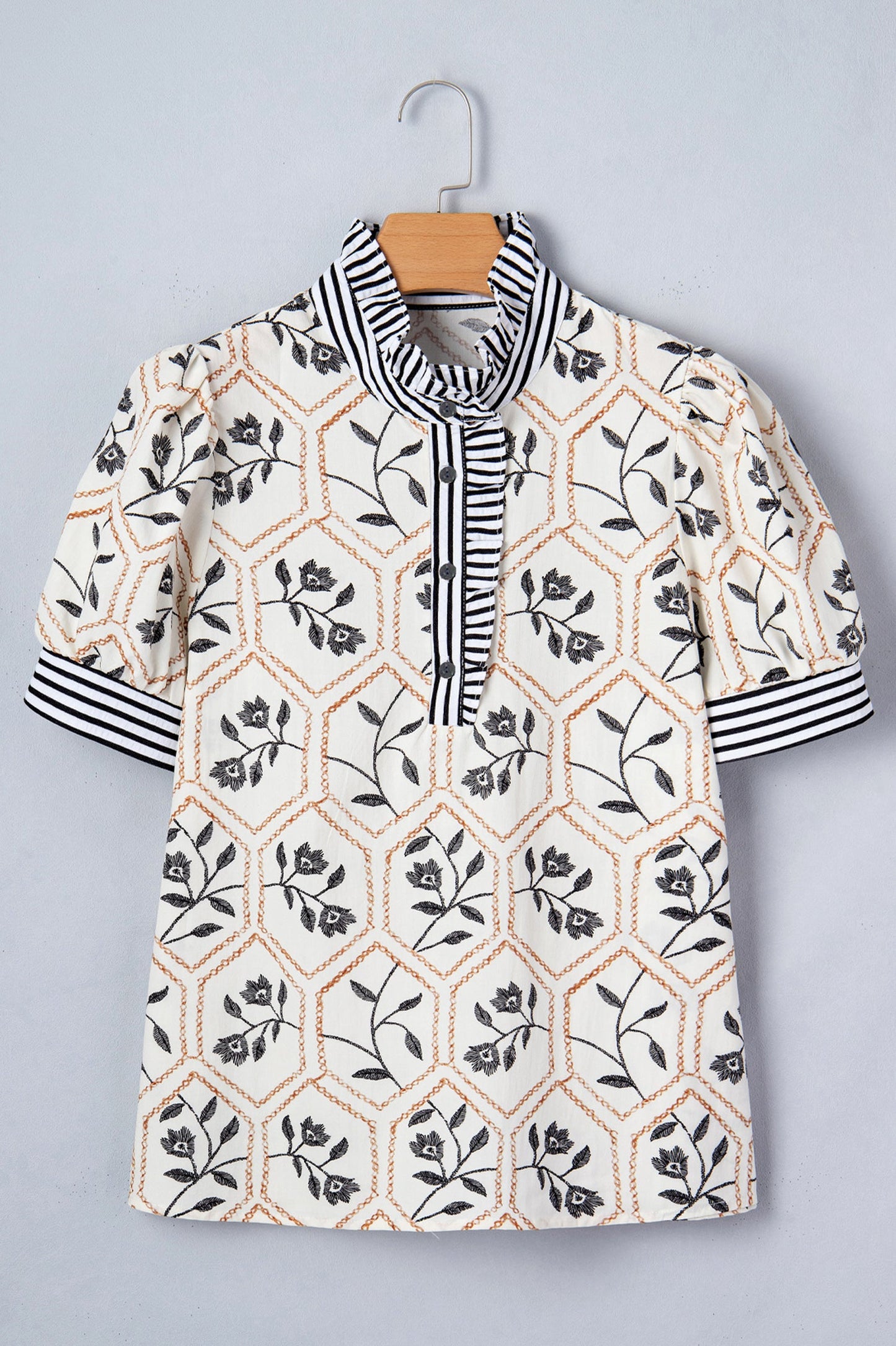 Floral Stripe Patchwork Ruffle Buttoned Short Sleeve Blouse