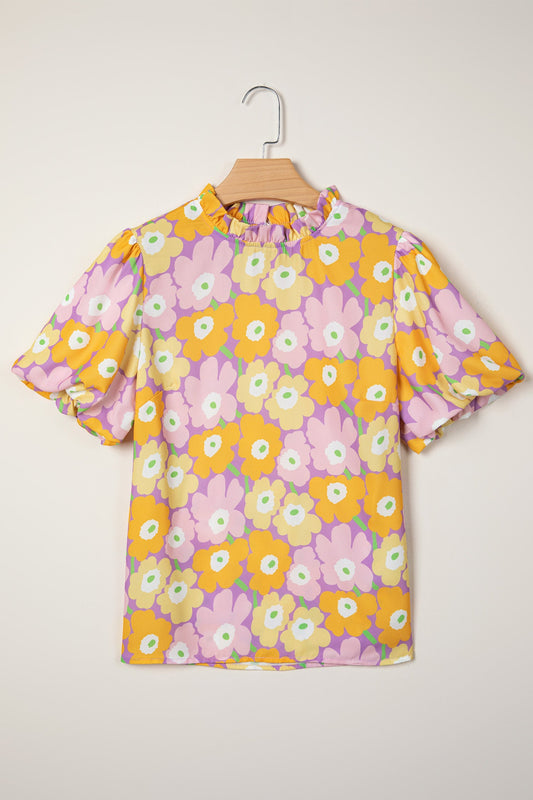 Floral Frilled Neck Puff Short Sleeve Top