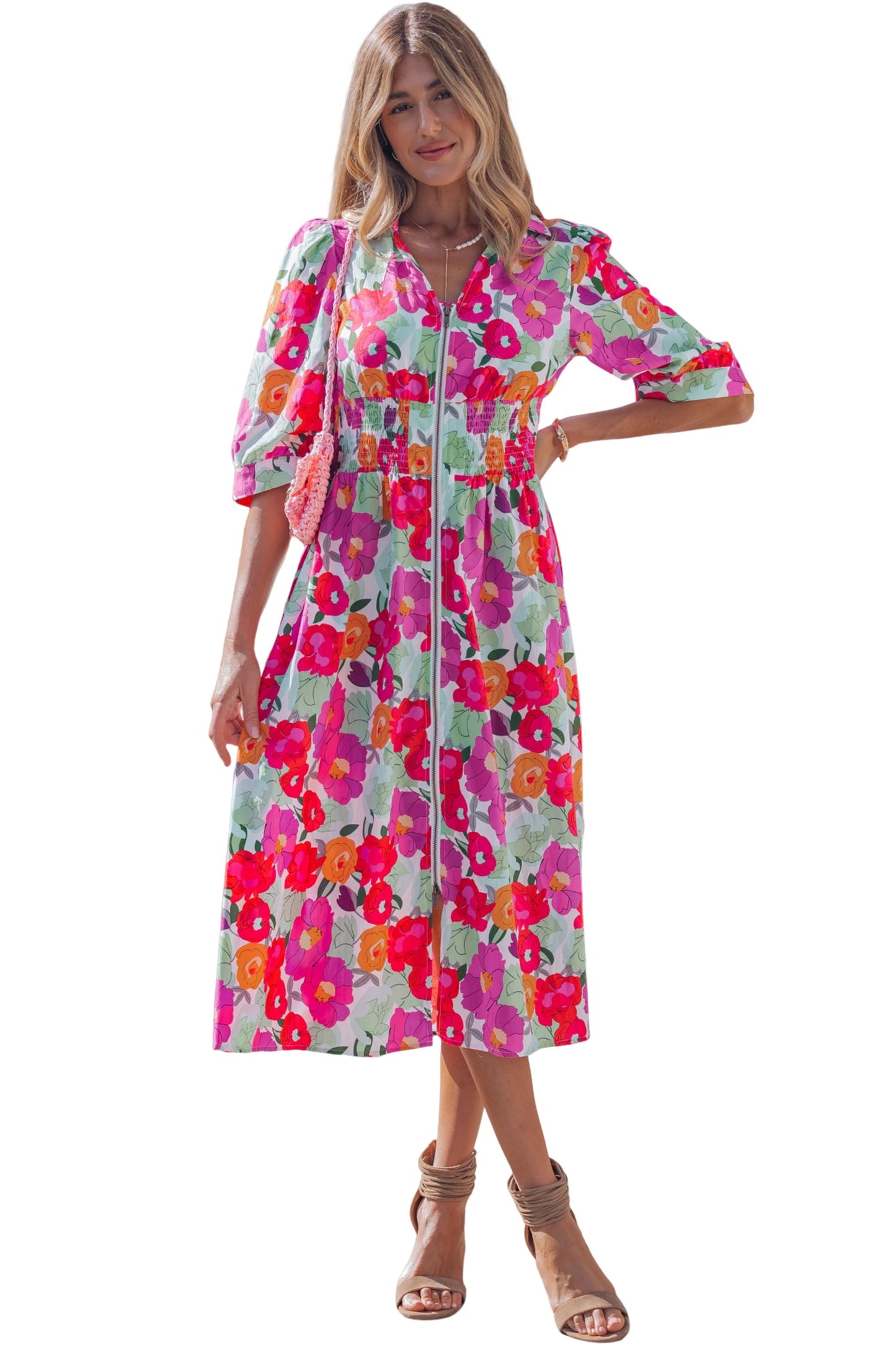 Floral Zip-Up V-Neck Short Puff Sleeve Dress