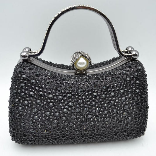 Rhinestone Encrusted Evening Clutch Bag with Pearl Clasp and Metal Handle