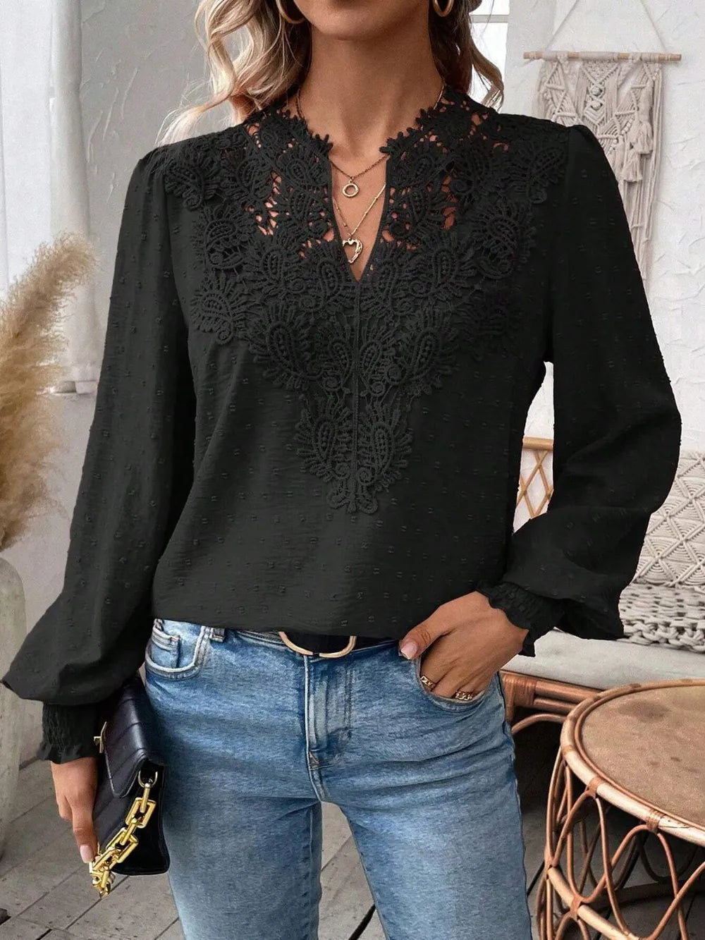 Swiss Dot Lace Detail Notched Long Sleeve Blouse – Feminine Style