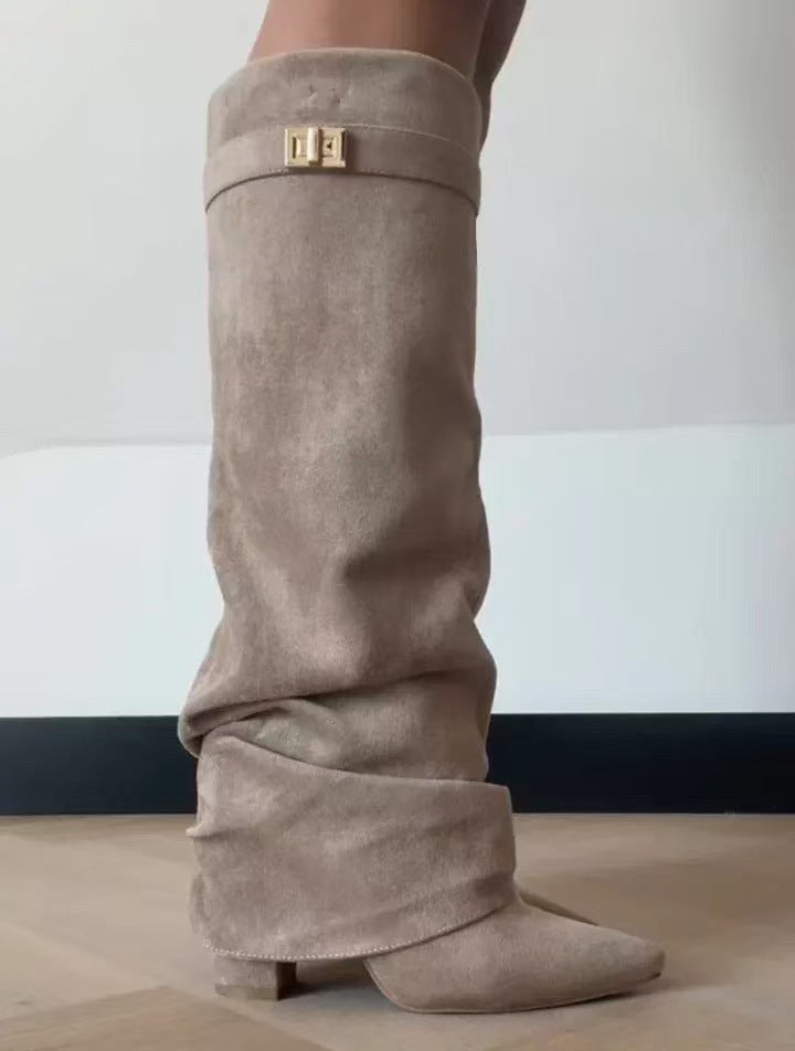 Women's Slouchy Pleated Mid-Calf Boots – Pointed Toe Chunky Heel Faux Suede