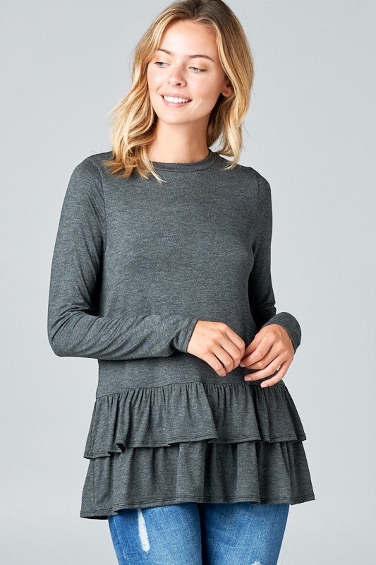 RUFFLE BOTTOM LONG SLEEVE ROUND NECK TUNIC TOP