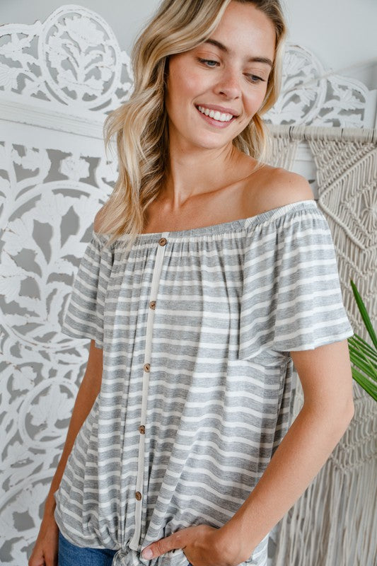 STRIPE OFF SHOULDER BUTTON DOWN TOP