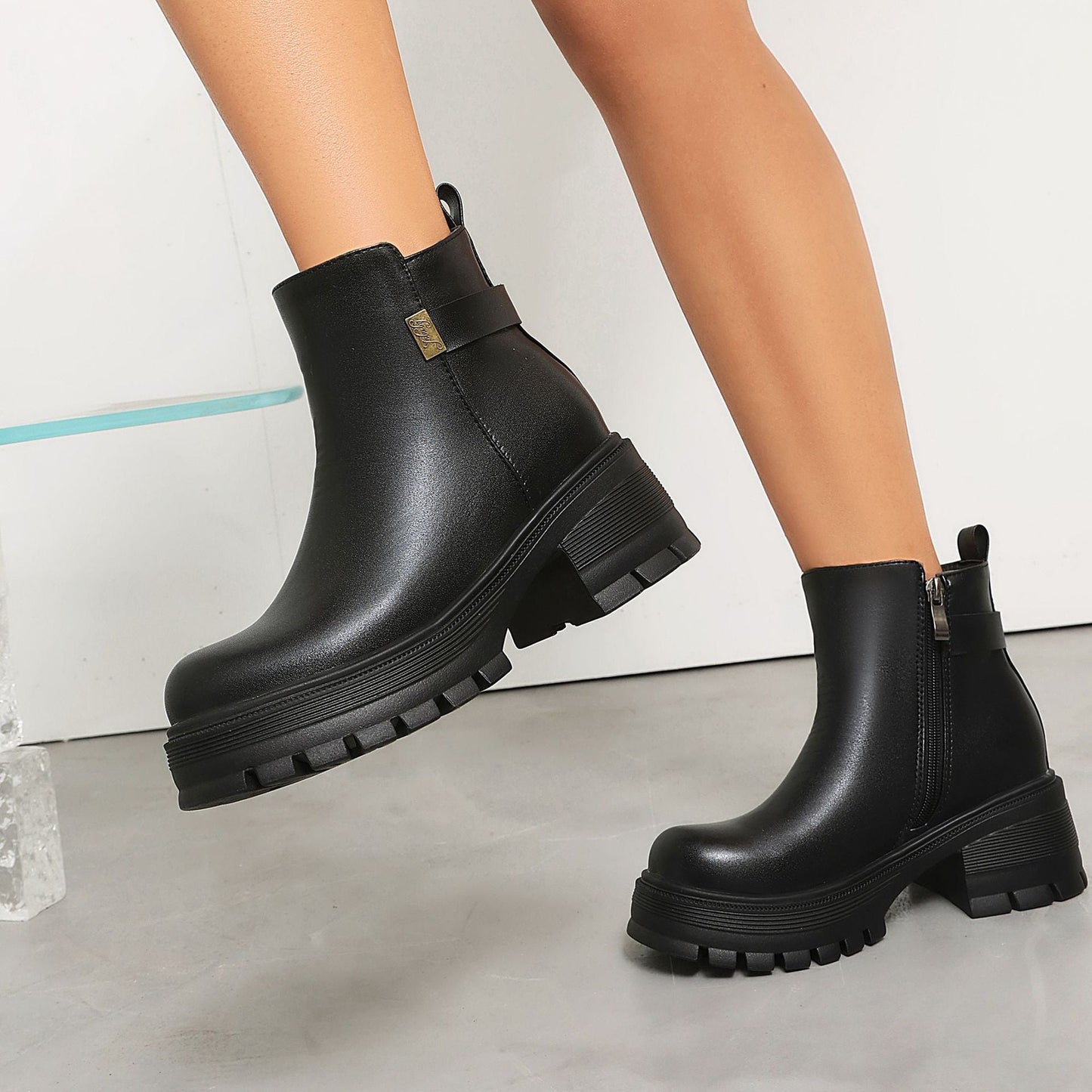 Women's Chunky Platform Ankle Boots – Block Heel Faux Suede & PU Side Zip