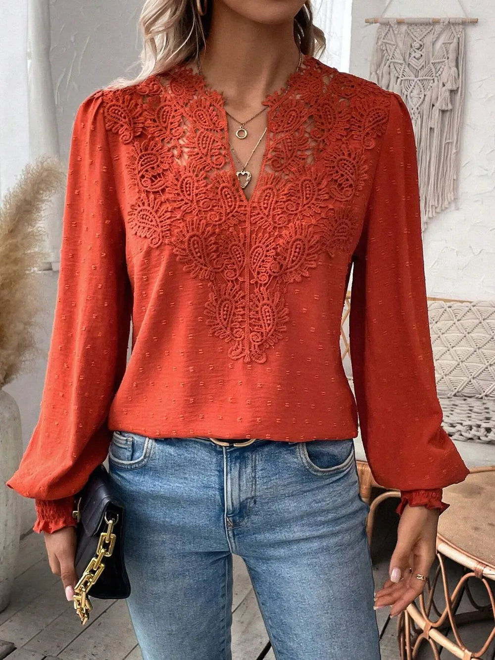 Swiss Dot Lace Detail Notched Long Sleeve Blouse – Feminine Style