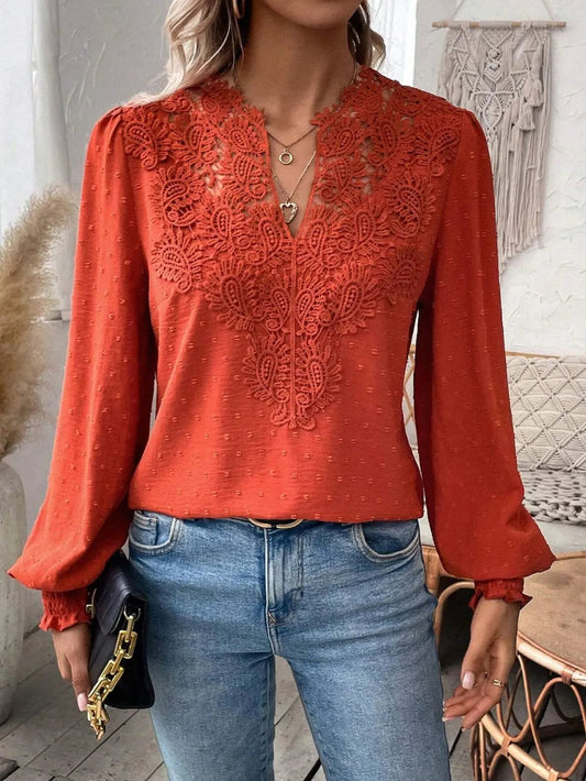 Swiss Dot Lace Detail Notched Long Sleeve Blouse – Feminine Style