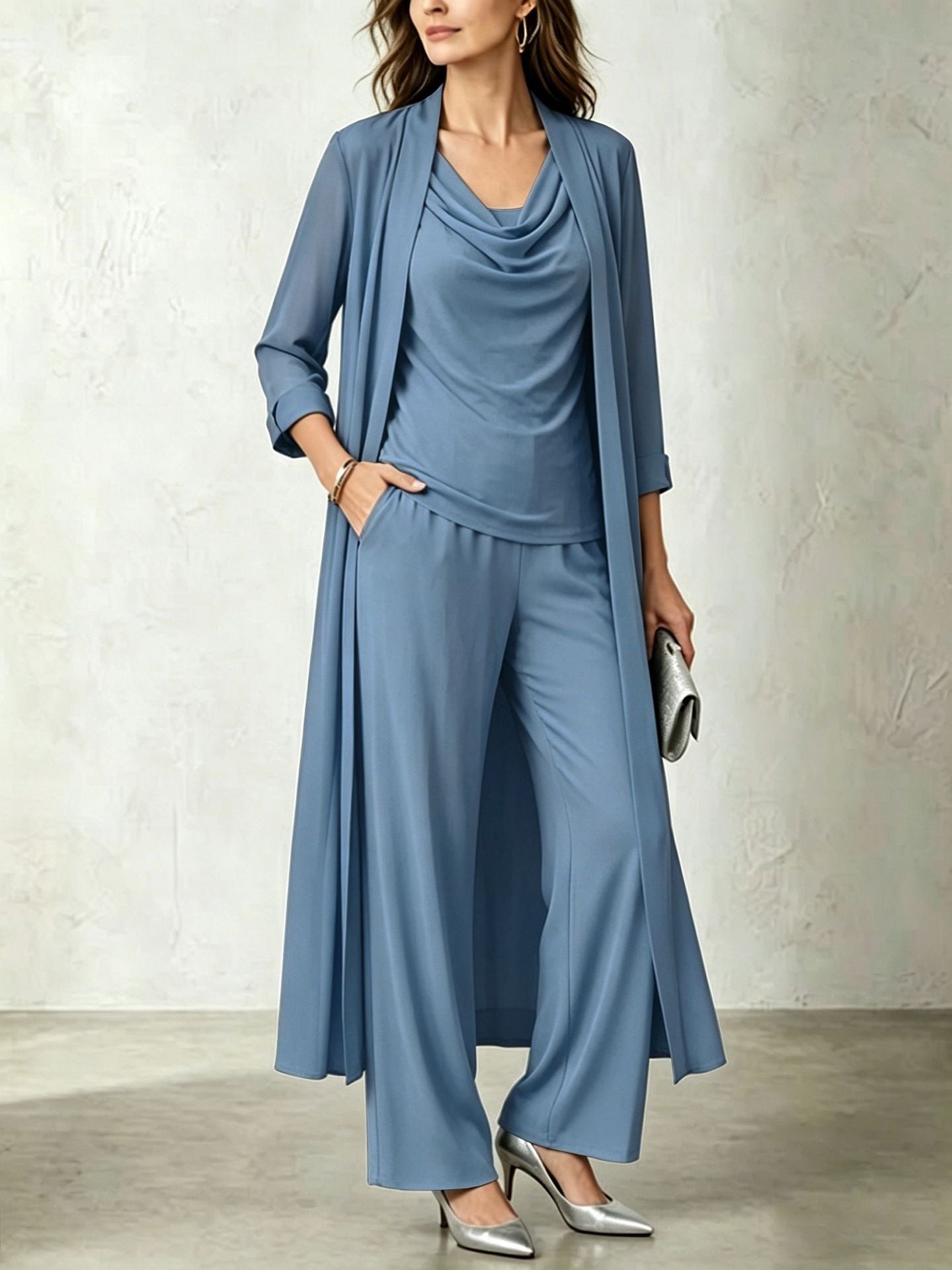 Long Sleeve Swing Collar Cardigan & Wide-Leg Pants Three-Piece Set