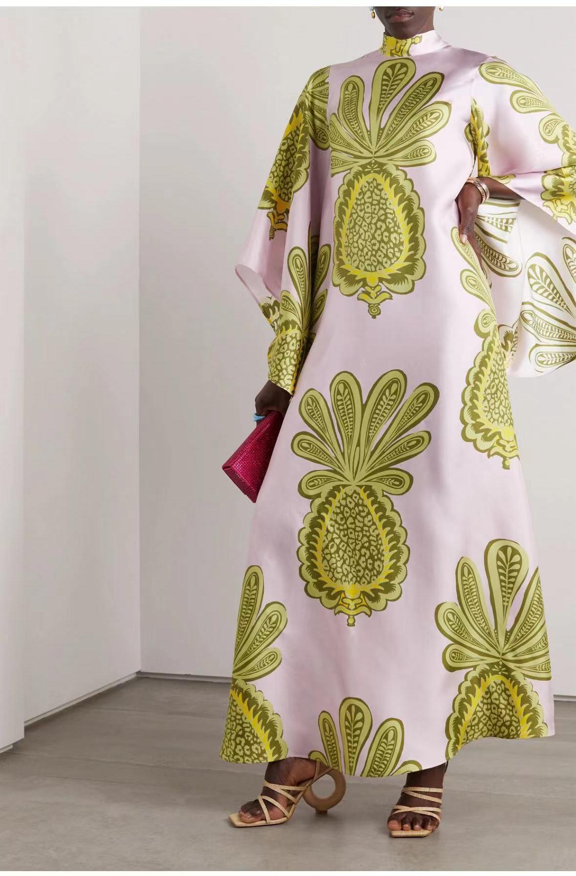 Women's Printed Maxi Dress – Stand Collar Flared Sleeve A-Line Gown