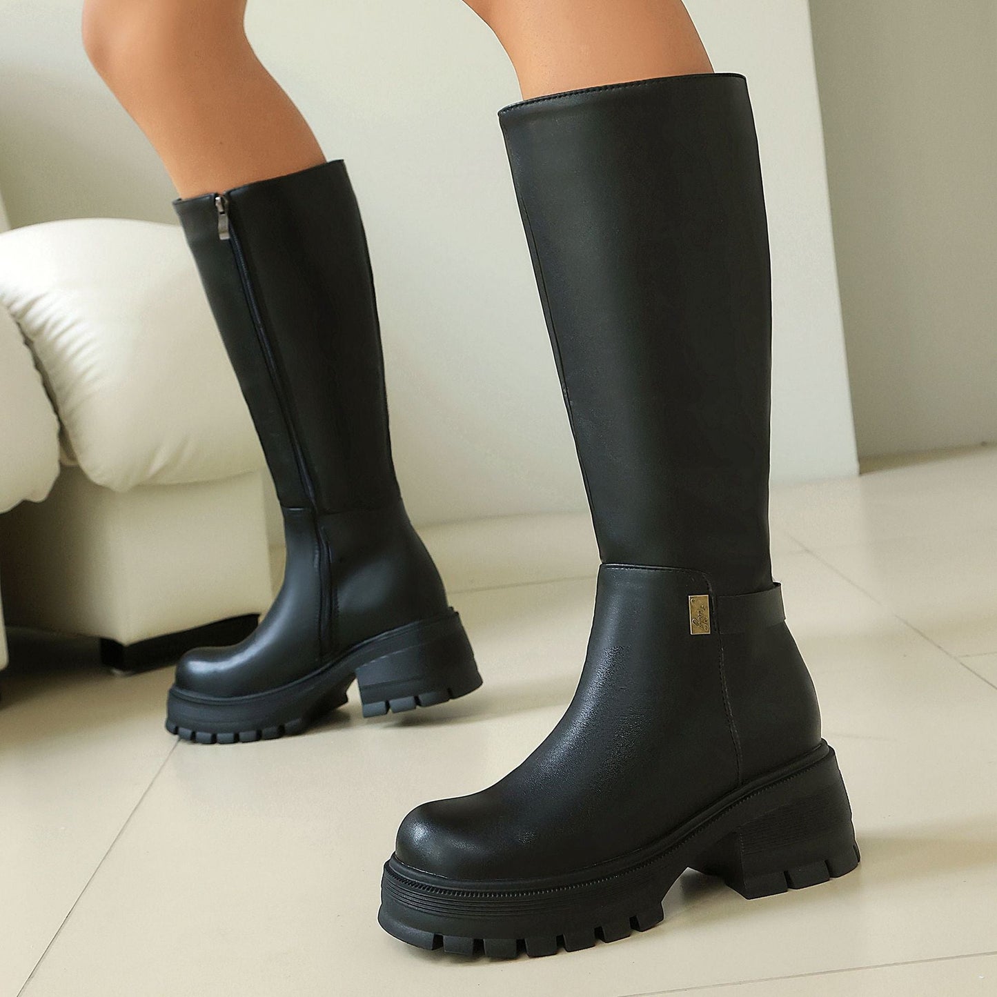 Women's Chunky Heel Knee-High Boots – Faux Suede & PU Platform Block Heel