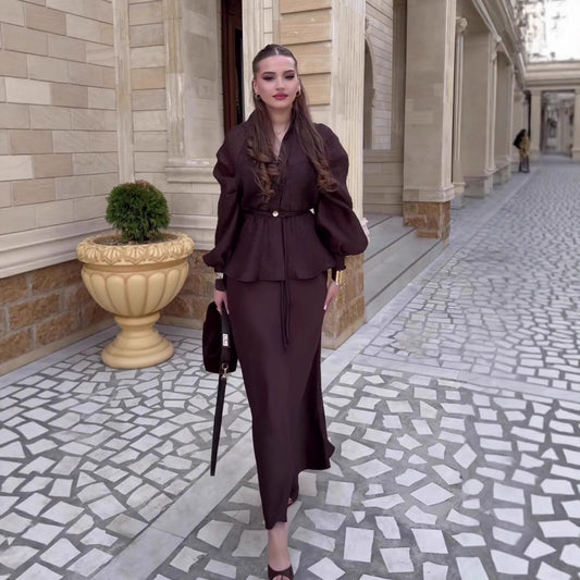 Women's V-Neck Puff Sleeve Belted Peplum Top & Maxi Skirt Set