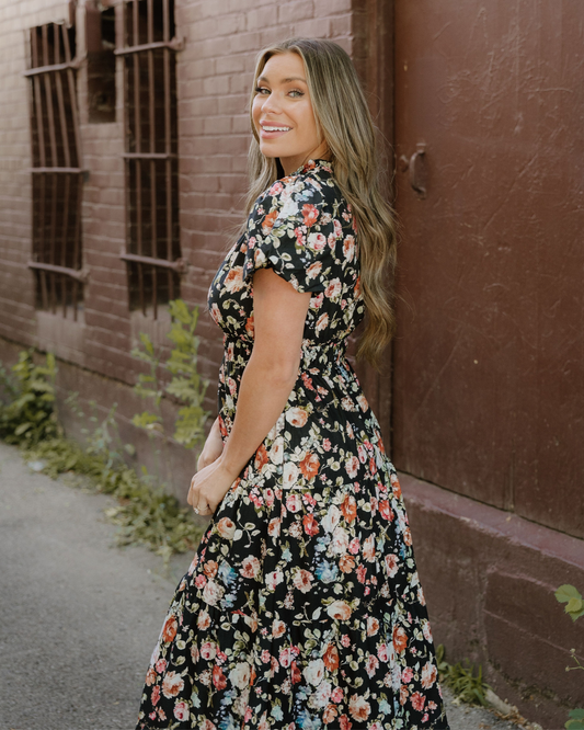 Calla Black Floral Maxi Dress | Tiered V Neck Dress