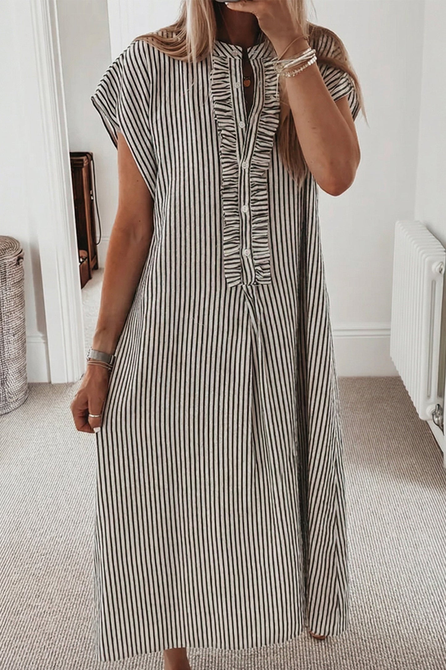 Stripe Frilled Half Buttoned Maxi Dress