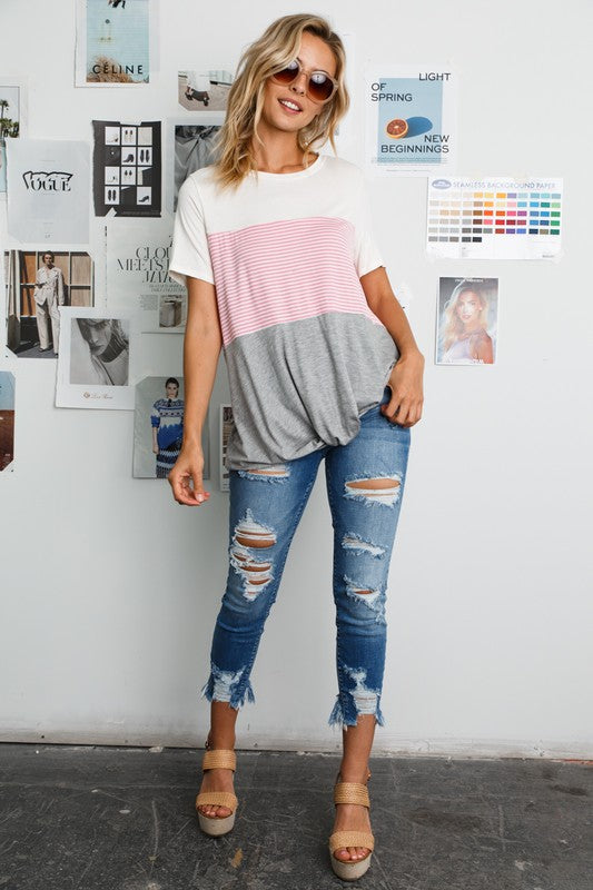 COLOR BLOCK ROUND NECK TUNIC TOP