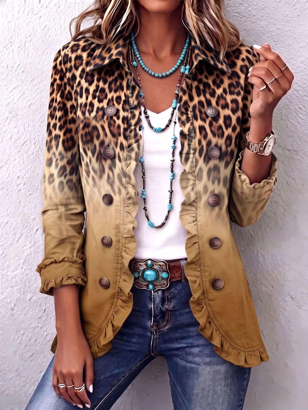 Women's Long Sleeve Cardigan – Solid & Leopard Print OL Commuter Style