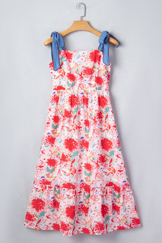 Floral Denim Tie Strap High Waist Maxi Dress