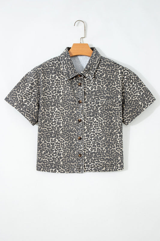 Leopard Denim Short Sleeve Button Up Cropped Shirt