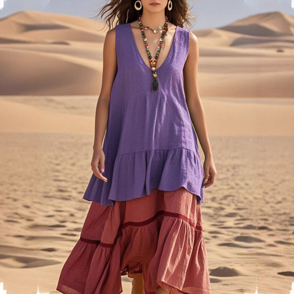 Women's Sleeveless Color-Block Patchwork Maxi Dress – V-Neck
