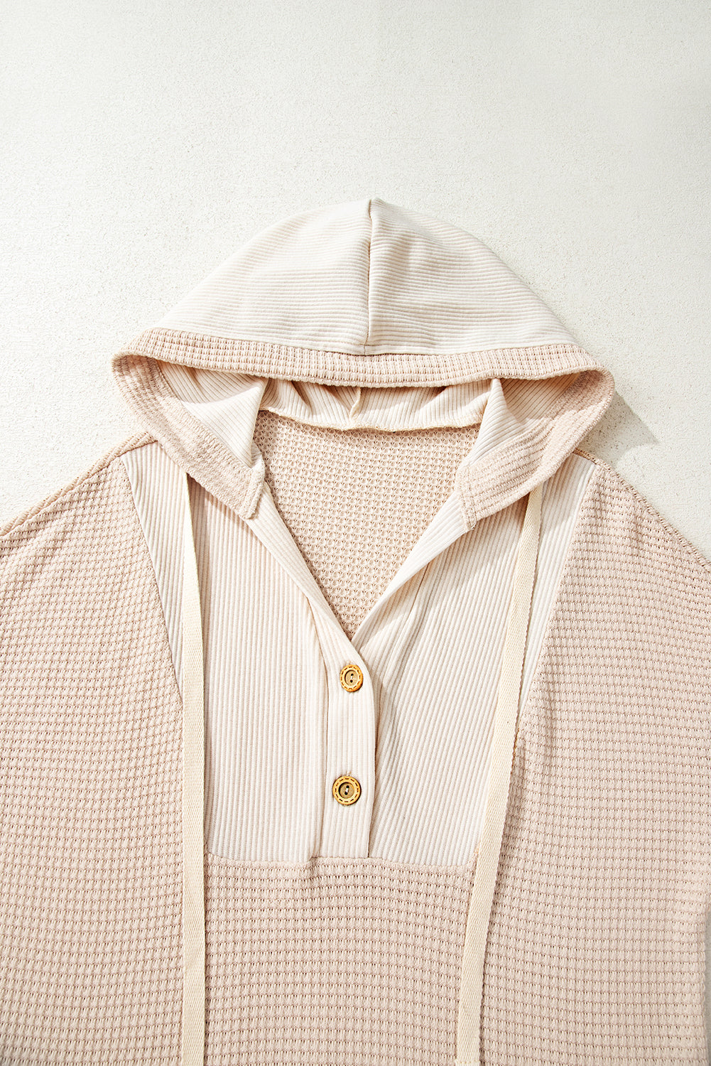 Waffle Patchwork Drop Shoulder Long Sleeve Hooded Top