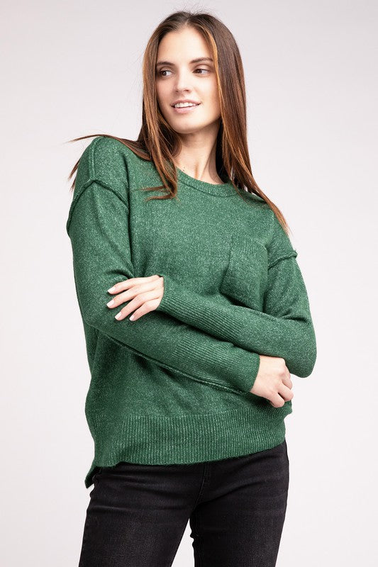 MELANGE HI-LOW HEM ROUND NECK SWEATER