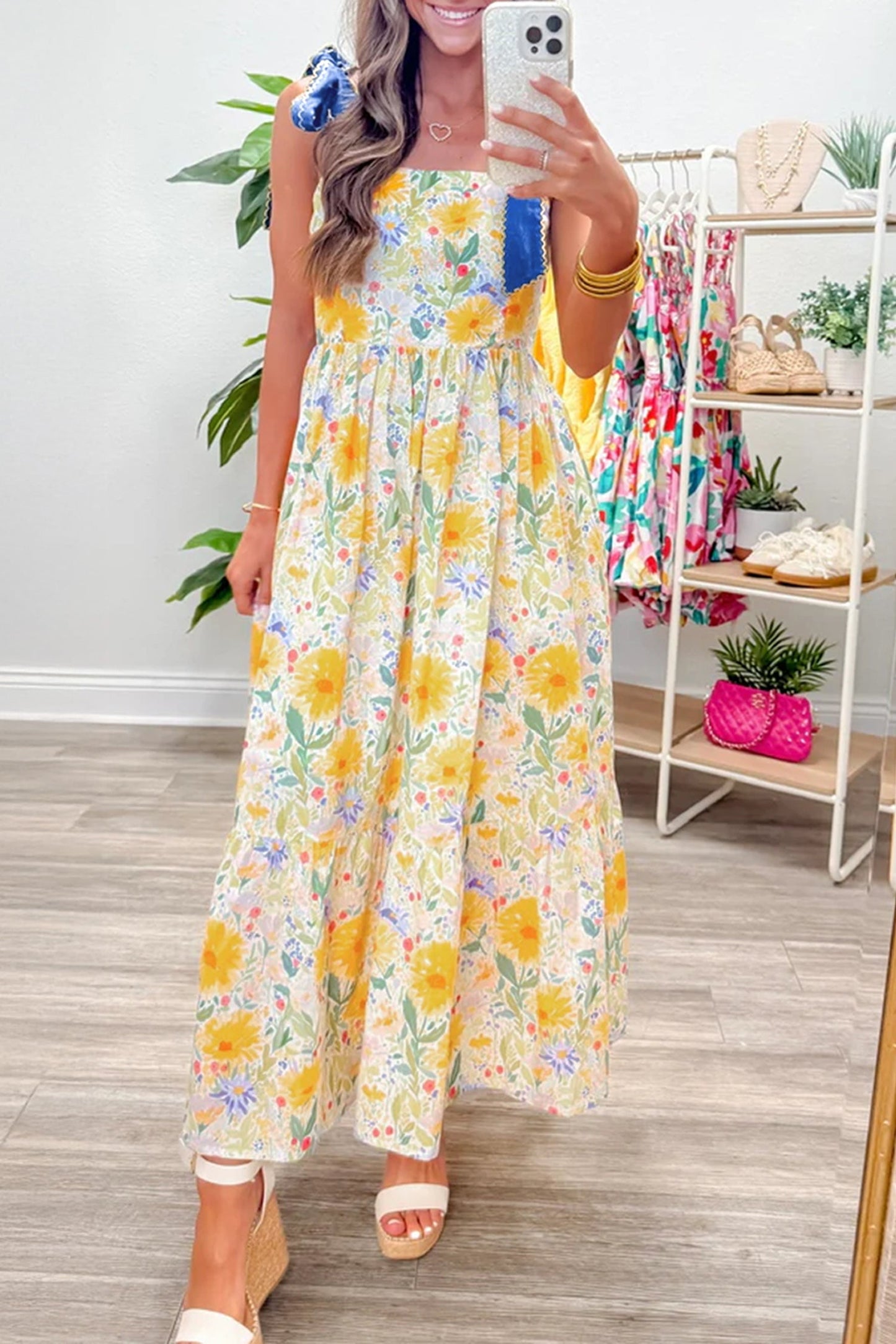 Floral Denim Tie Strap High Waist Maxi Dress