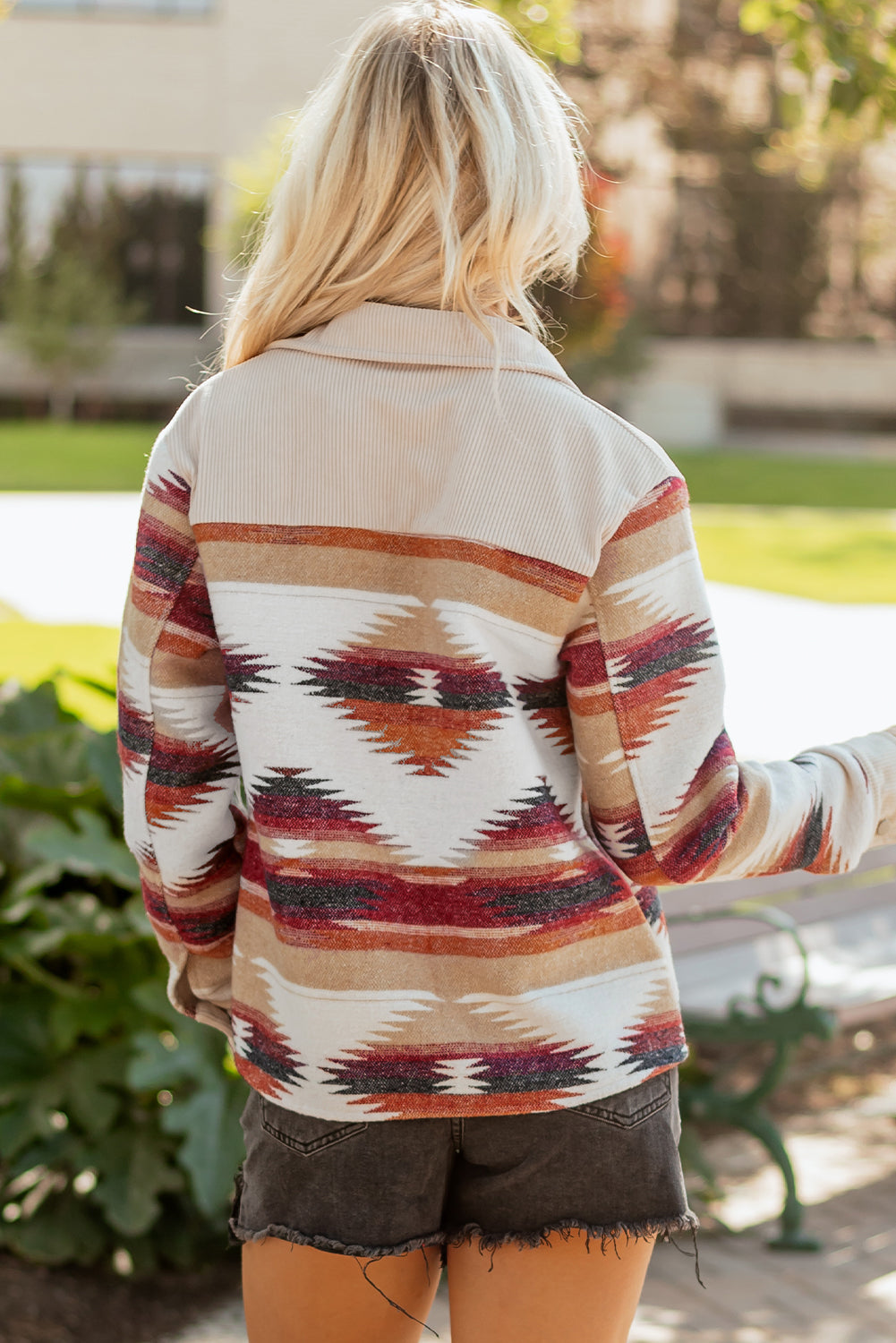 Western Aztec Corduroy Patchwork Pocketed Shacket