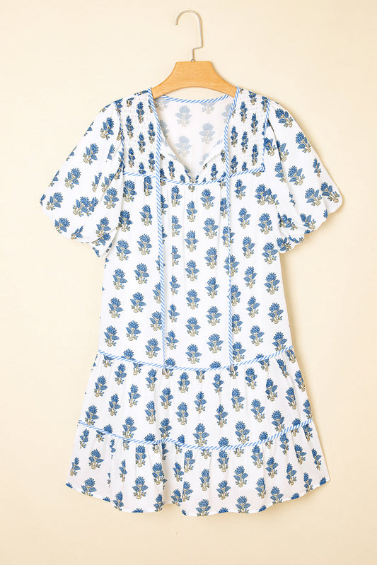 Floral Puff Sleeve Tied Neck Pocketed Mini Dress