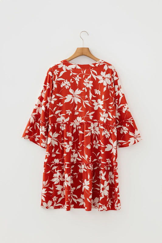 Boho Floral Lettuce Trim 3/4 Sleeve Mini Dress
