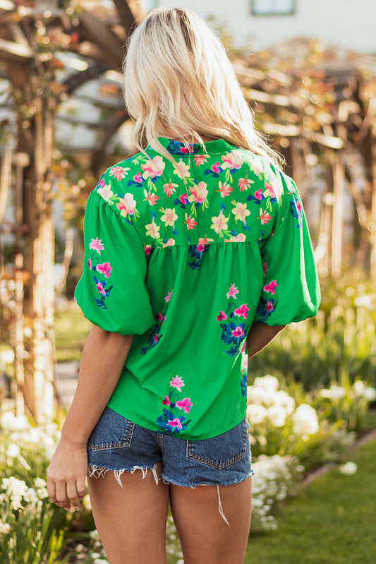 Ayah Floral Tie Split Neck Short Sleeve Blouse
