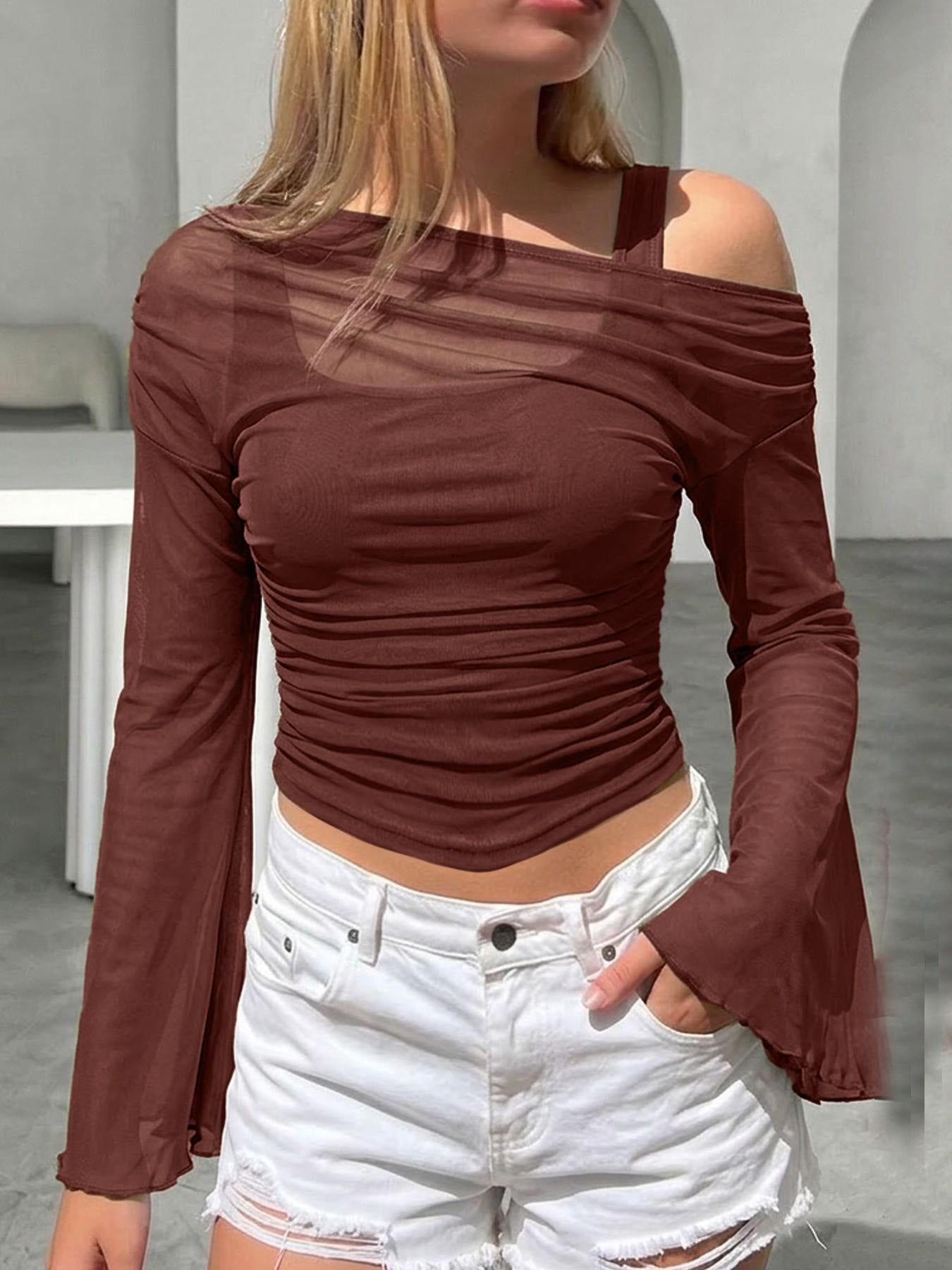 Women's Mesh Neck Pleated Long-Sleeve Top – Slim Fit Knit